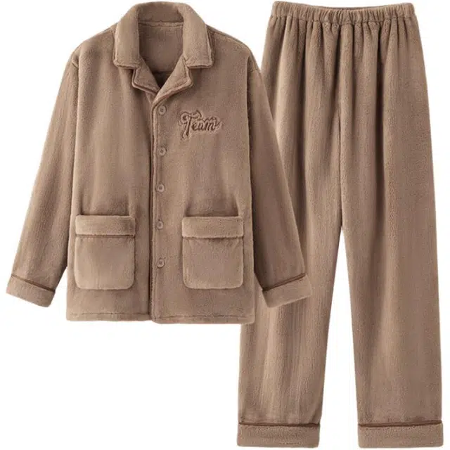 浮光岛屿 简约时尚舒适翻领可外穿家居服秋冬款睡衣套装 男款 礼袋装 棕褐色