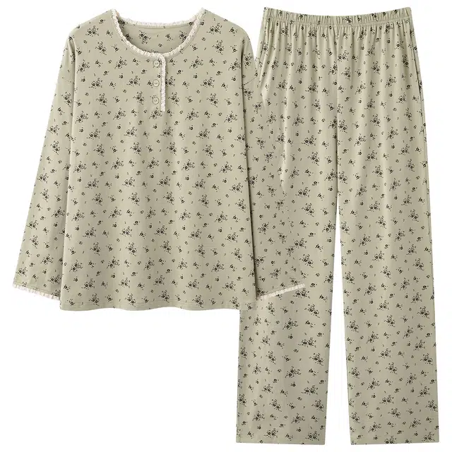 莫代尔 清新轻盈透气百搭纯棉圆领套头舒适亲肤细腻长袖长裤家居服可外穿睡衣套装 女款