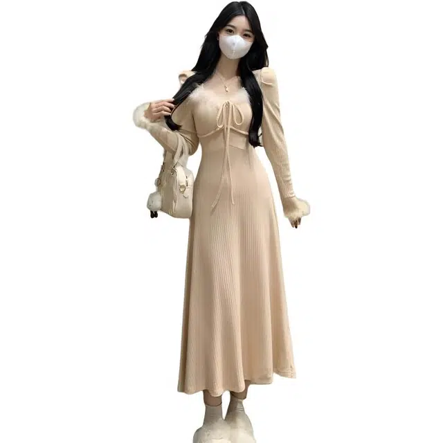 纤丝鸟 法式优雅复古风格设计感修身气质大气温柔长袖连衣裙 女款