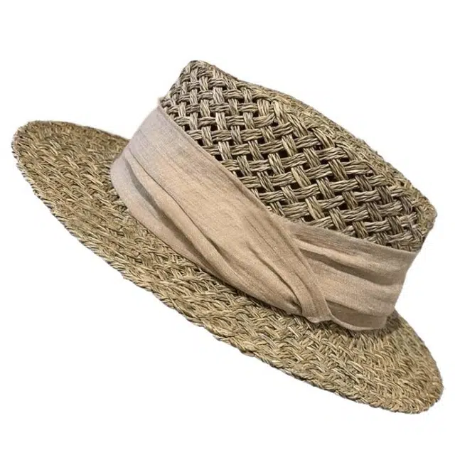 艾佳微 轻奢老钱感咸亚麻缎带法式度假风 草编 渔夫帽 男女同款情侣款