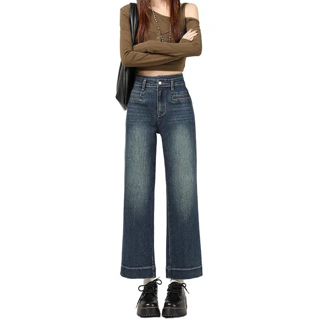 如续 复古蓝直筒高腰显瘦小个子九分烟管法棍牛仔裤 女款