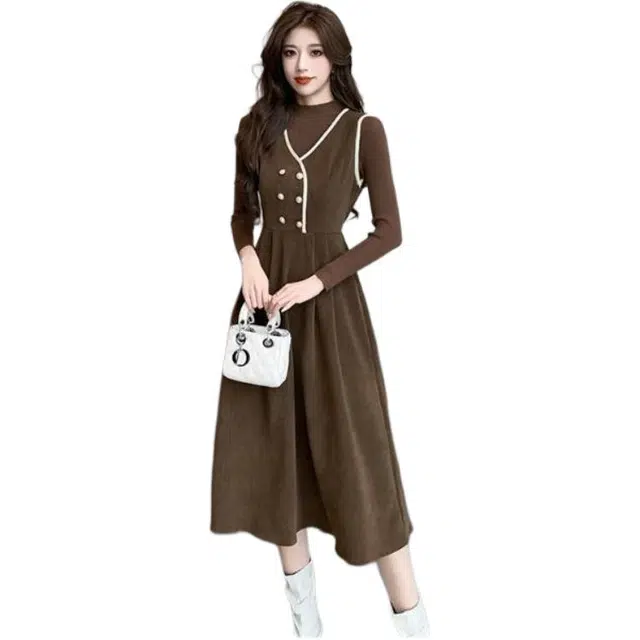 纤丝鸟 复古风格设计感强时尚显瘦简约百搭修身舒适长袖连衣裙 女款