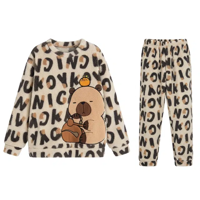 俏霓桐 圆领加厚加绒珊瑚绒保暖秋冬季青少年学生简约可外穿家居服睡衣套装 男款