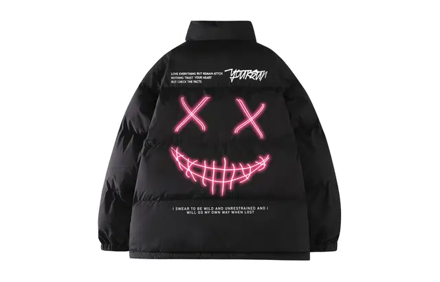 宜而爽 美式高街复古户外运动创意荧光线条恶魔笑脸图案字母印花宽松休闲加厚保暖立领防风棉衣面包服外套日常通勤百搭棉服 男女同款