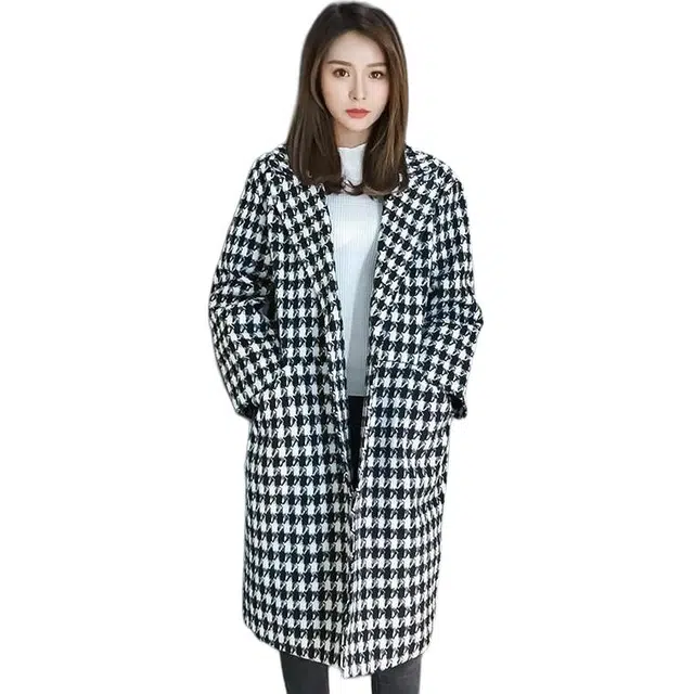 纤丝鸟 高级感简约设计韩版中长款千鸟格子外套女过膝大衣 女款