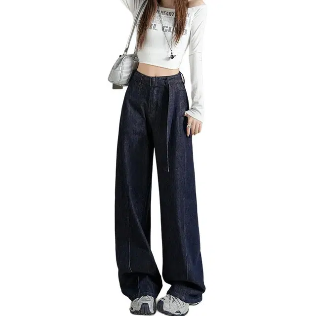 如续 复古高腰直筒宽松显瘦腰带设计感阔腿拖地牛仔裤 女款