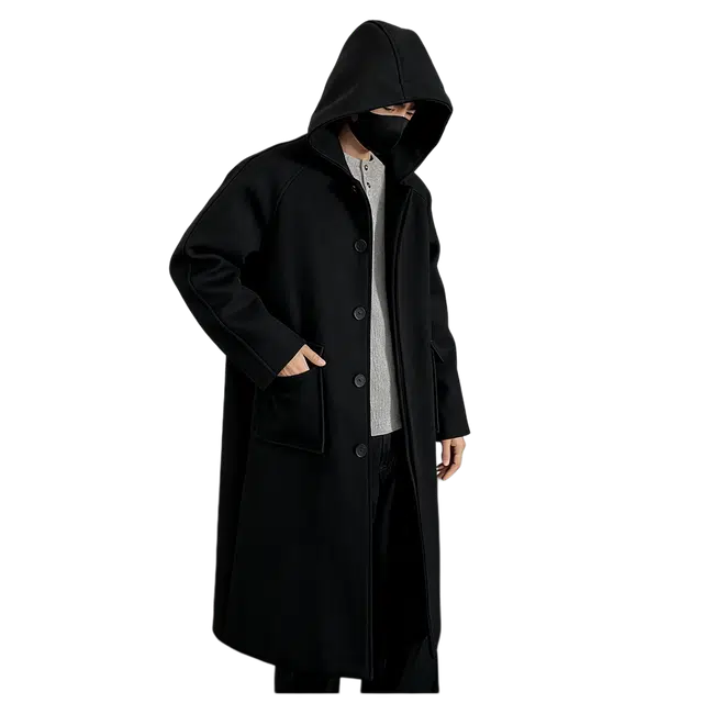 素杭 潮流宽松简约过膝毛呢连帽外套落肩日常防风保暖情侣风衣大衣 男女同款