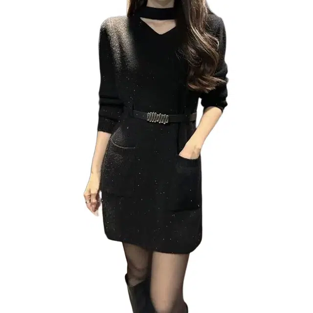 纤丝鸟 时尚内搭收腰中长款包臀显瘦外穿长袖连衣裙 女款