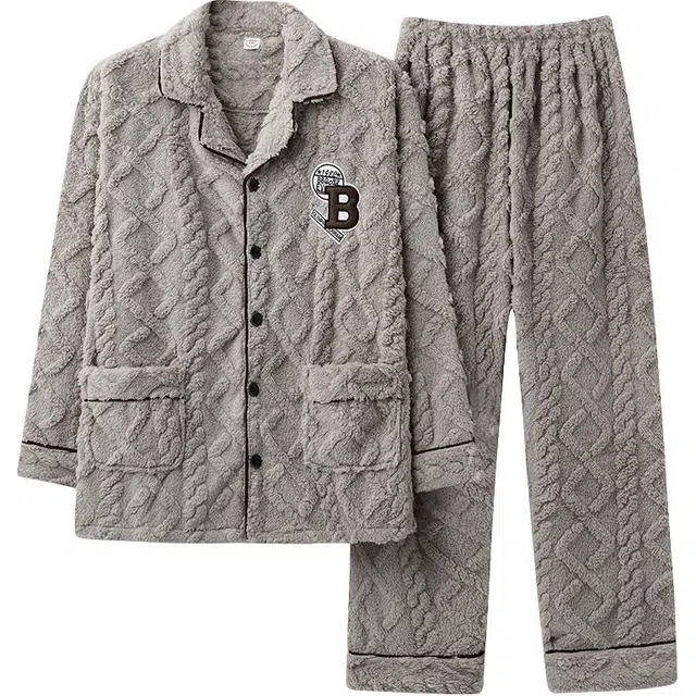 莫代尔 男士冬季珊瑚绒加厚加绒大码男生秋冬天保暖法兰绒家居服睡衣套装 男款