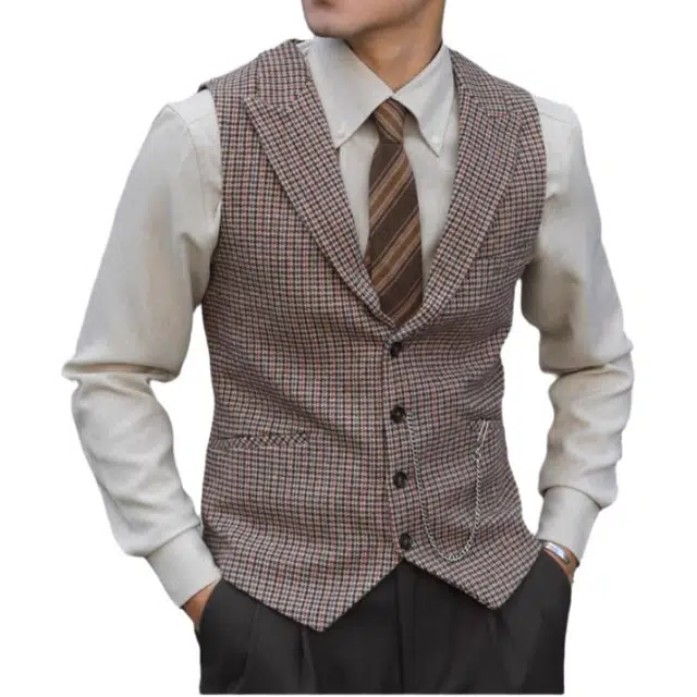 大格子与黑猫 复古英伦雅痞戗驳领文艺微厚呢子美式休闲修身结婚西装马甲 男款