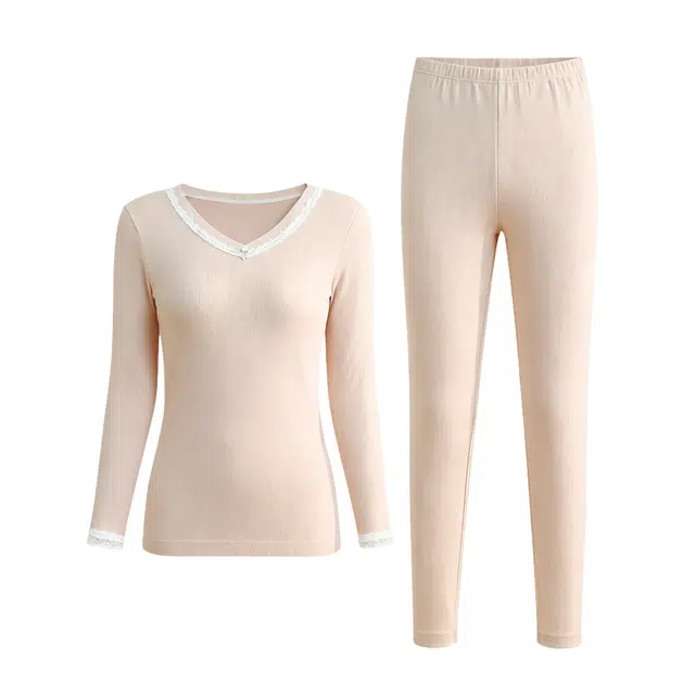 兰缪 甄选新疆棉隐形大圆领内衣女生修身秋衣秋裤腈纶发热纱柔软舒适无痕轻薄收腰塑性居家服时尚优雅保暖套装 女款