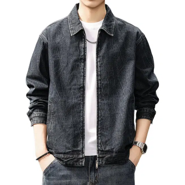 贵色 美式复古保暖提花肌理潮牌翻领休闲牛仔外套 男女同款