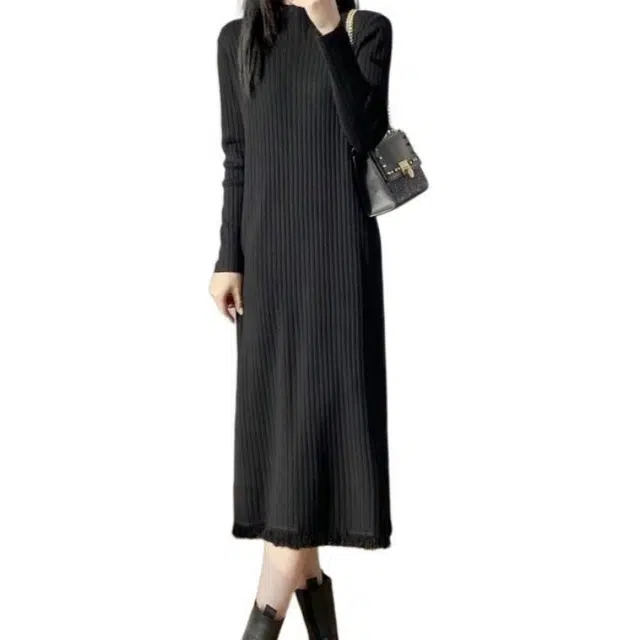 纤丝鸟 过膝宽松时尚百搭气质优雅温柔长袖连衣裙 女款