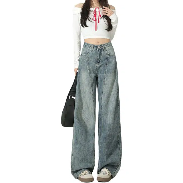 如续 复古水洗高街宽松阔腿美式设计感高腰垂感弯刀牛仔裤 女款