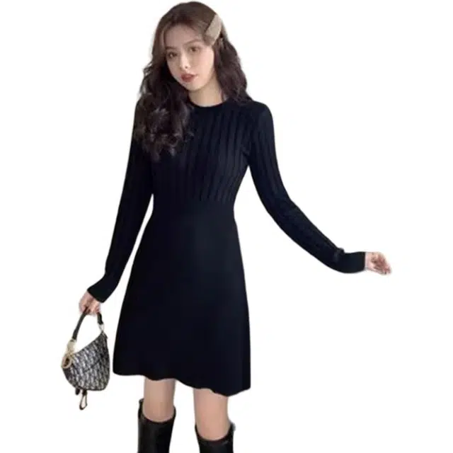纤丝鸟 韩版配大衣收腰法式舒适针织裙长袖连衣裙 女款