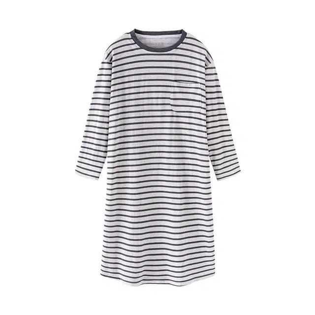 欧诗帛 睡衣长袖高级感春秋季条纹可外穿甜美风大码可爱家居服睡裙 女款