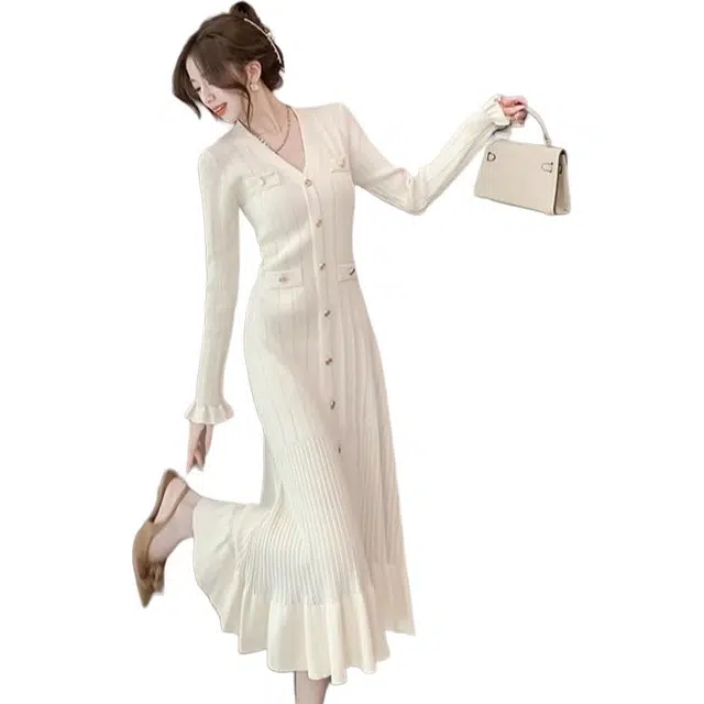 纤丝鸟 法式名媛气质显瘦鱼尾配大衣内搭长袖连衣裙 女款