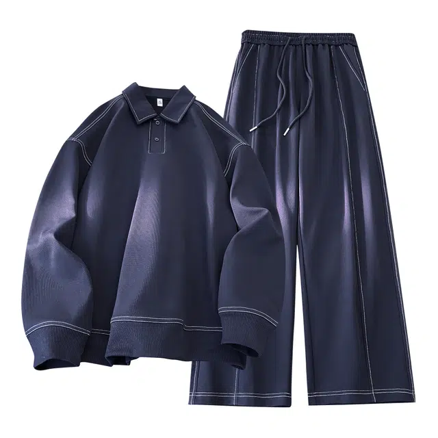 瑞梵帝斯 秋冬纯色翻领明线设计感美式高街时尚运动潮流舒适简约宽松亲肤透气长袖长裤日常都市通勤休闲卫衣套装 男款