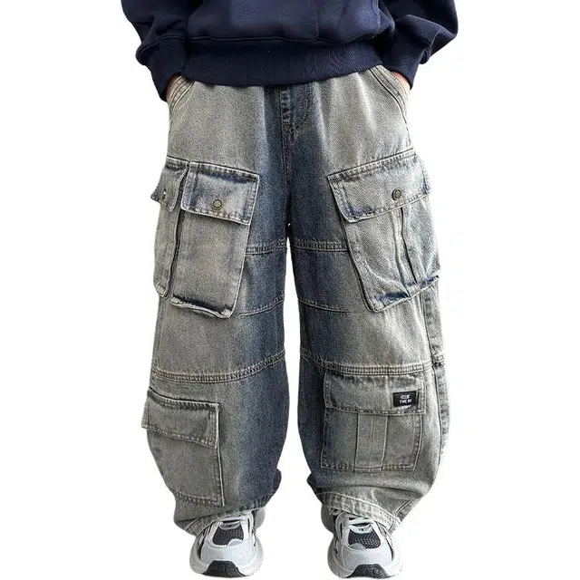 俞兆林牛仔裤 高级感潮流渐变多口袋设计工装直筒休闲裤儿童春秋款痞帅男童复古时尚百搭耐磨