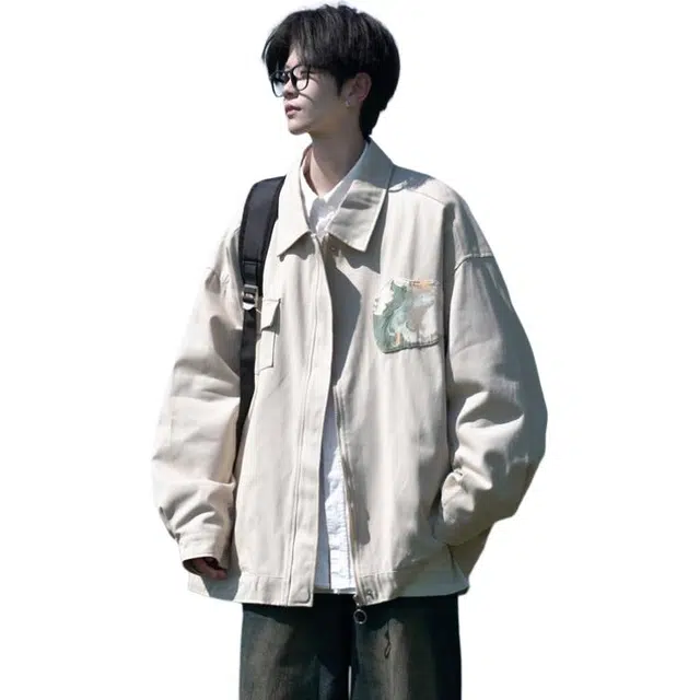 洋气先生 美式复古简约时尚百搭贴布撞色拼接小众高级感潮流帅气日常休闲宽松防风保暖耐磨通勤运动翻领外套夹克 男女同款