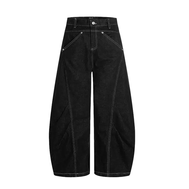 一碗士多 线条解构拼接设计简约立体裁剪弯刀阔腿个性化高级感显高显瘦无性别主义日常户外通勤出街宽松舒适百搭慵懒感牛仔裤 男女同款