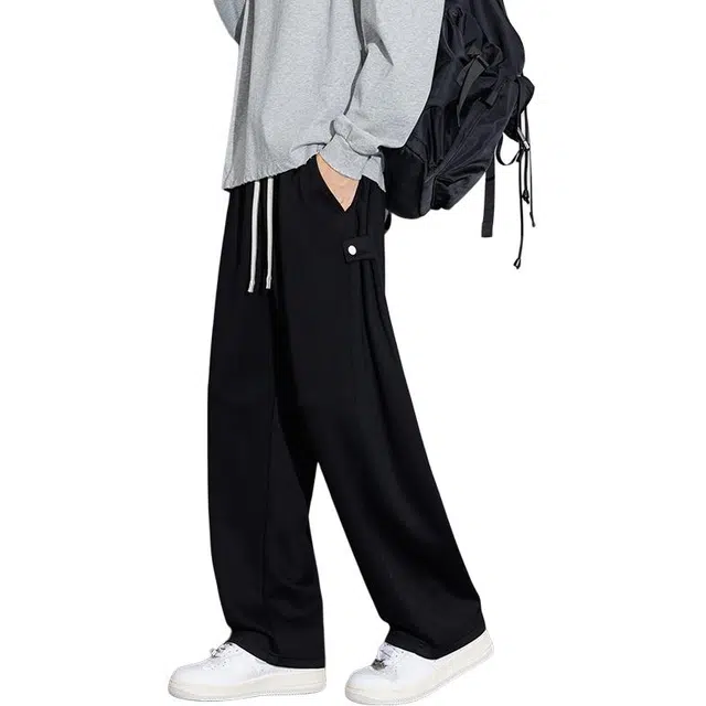 协协乐 高街机能风卫裤拼接氛围感秋冬季美式潮牌宽松直筒垂坠感阔腿拖地裤青少年弹力抽绳百搭运动长裤休闲裤 男款