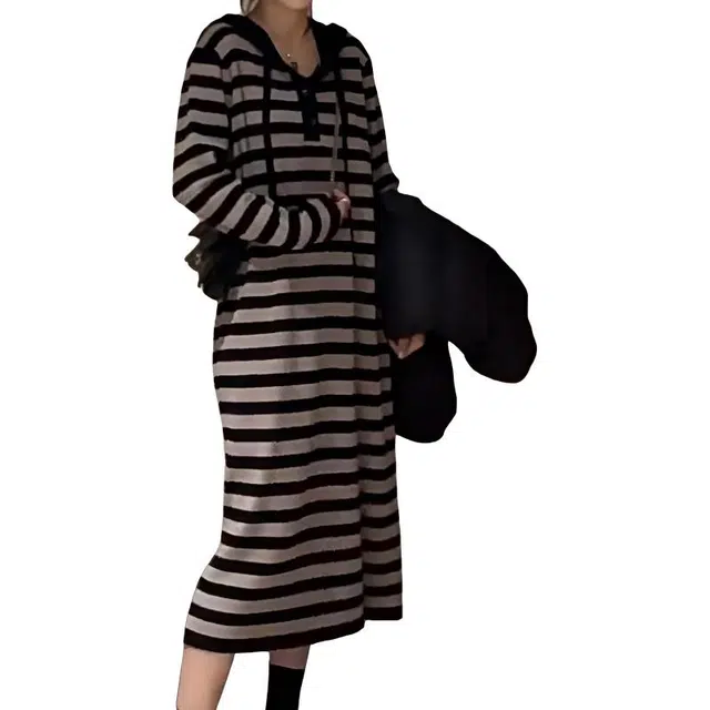 纤丝鸟 复古连帽韩版时尚宽松百搭休闲长裙长袖连衣裙 女款