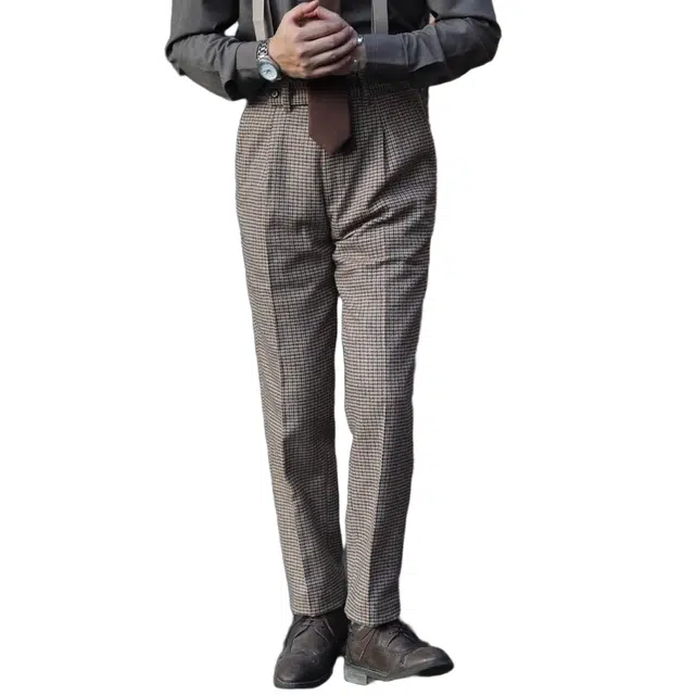 大格子与黑猫 英伦复古雅痞厚款秋冬呢子中高腰长裤千鸟格子咖啡色结婚修身西裤西装裤 男款