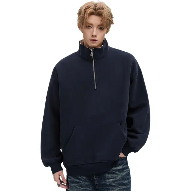 隐狼世家 纯色高领男秋季休闲宽松运动衫半拉链百搭情侣外套卫衣 男款