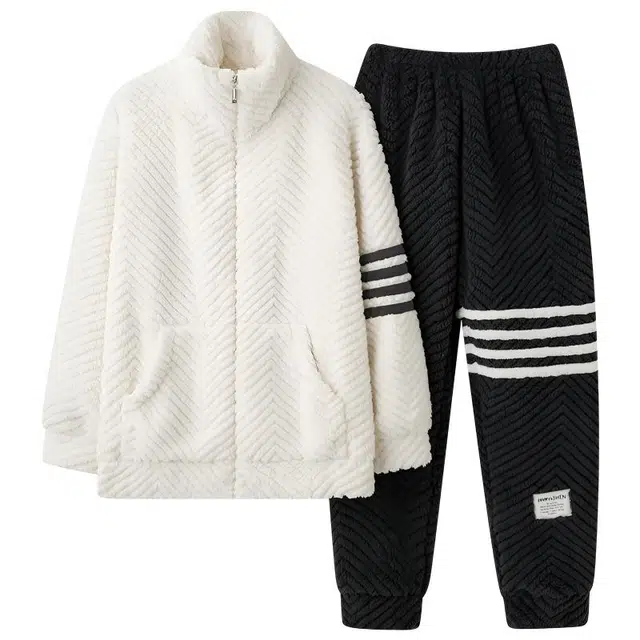 莫代尔 加绒加厚珊瑚绒秋冬季保暖法兰绒休闲时尚青年男生家居服睡衣套装 男款