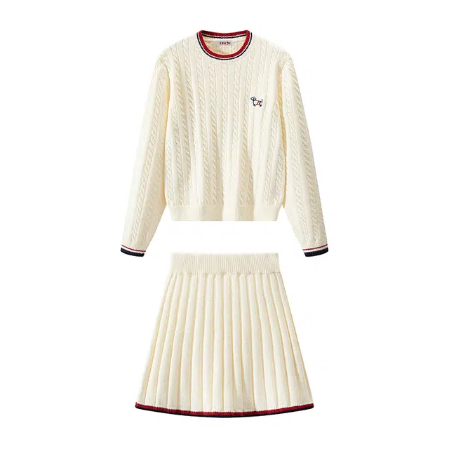红蜻蜓 百搭休闲合身刺绣圆领毛衣半身裙裙装套装 女款