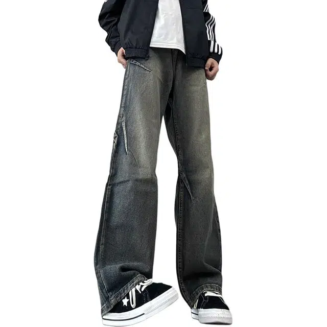 单爵 美式复古解构裤子男款秋季抽绳松紧腰软褶皱水洗做旧微喇裤牛仔裤 男女同款