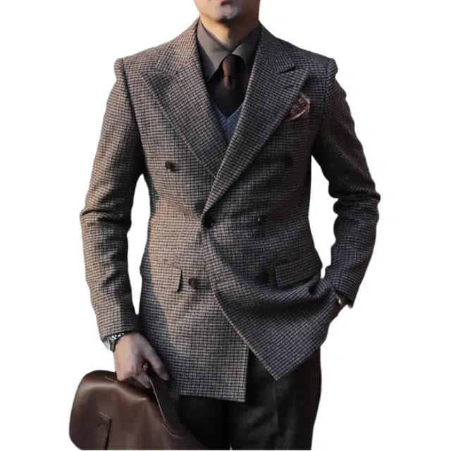 大格子与黑猫 复古英伦雅痞咖啡色格子秋冬双排扣呢子厚款休闲修身保暖外套 西装 男款