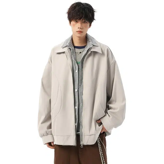 洋气先生 美式复古简约时尚百搭假两件拼接条纹小众高级感潮流帅气日常休闲宽松防风保暖耐磨通勤运动翻领外套皮夹克 男女同款