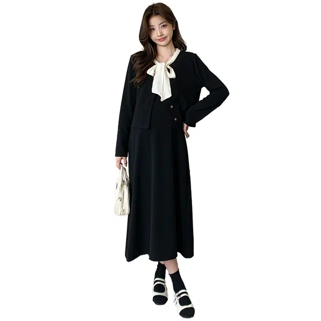 纤丝鸟 简约时尚法式甜美小香风休闲百搭长袖连衣裙 女款