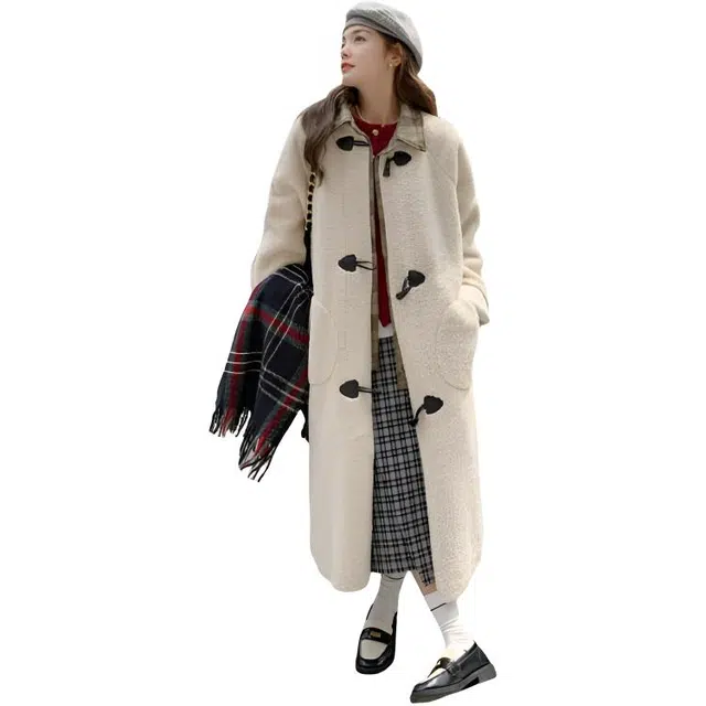 荟萃阁 学院风加厚假两件设计感长款牛角扣外套大衣 女款