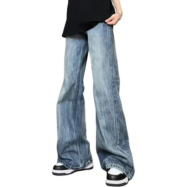 洞洞拐 美式高街个性扎花闪电裂纹水洗设计百搭做旧遛弯弯刀阔腿裤牛仔裤 男女同款