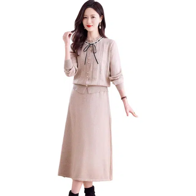 纤丝鸟 针织开衫半身裙时尚百度简约优雅长袖连衣裙 女款