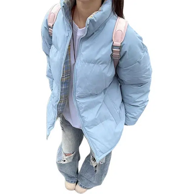 单爵 格子拼接男冬季美式立领情侣外套保暖面包服棉服 男女同款