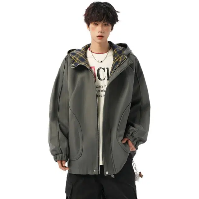 洋气先生 美式复古简约纯色时尚百搭学院风小众高级感潮流帅气日常休闲宽松防风保暖耐磨通勤运动连帽外套夹克 男女同款