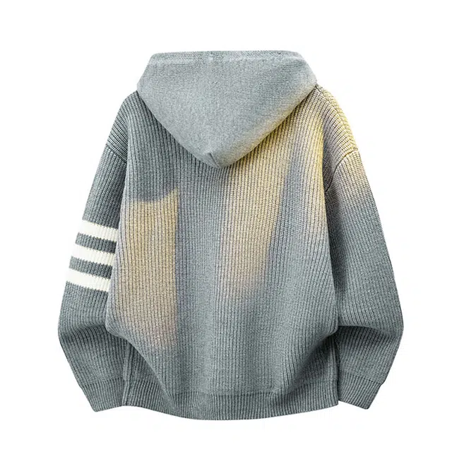 棉基因 文艺风基础款休闲通勤条纹高级感立领双拉链连帽开衫外套设计感慵懒风宽松软糯美式复古中性风廓形潮牌针织衫 男女同款