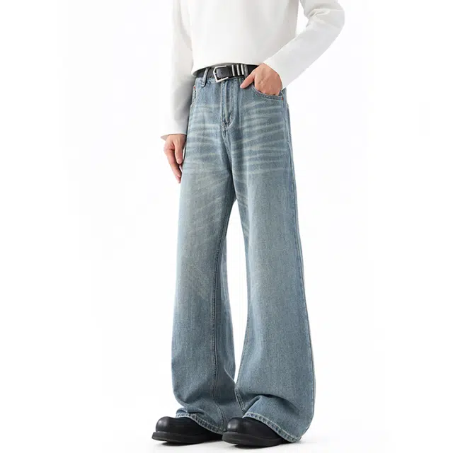 瑞梵帝斯 美式复古水洗磨白做旧高街休闲直筒百搭阔腿舒适通勤牛仔裤 男款