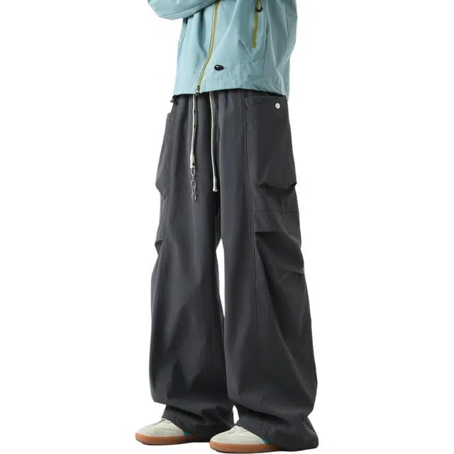 敦煌博物馆 美式户外防泼水多口袋伞兵机能直筒垂感多功能可调节裤脚绳阔腿休闲裤褶皱显高显瘦潮流复古街头百搭徒步登山运动工装裤 男女同款