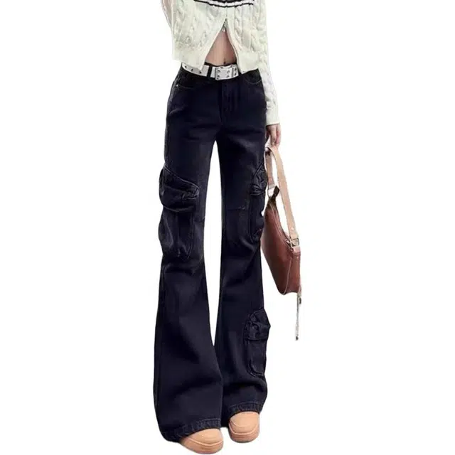 宝米卡 美式微喇工装辣妹多口袋高腰显瘦直筒长裤子牛仔裤 男女同款