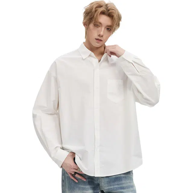 隐狼世家 美式纯棉长袖秋季潮牌宽松休闲纯色衬衣外套衬衫 男款