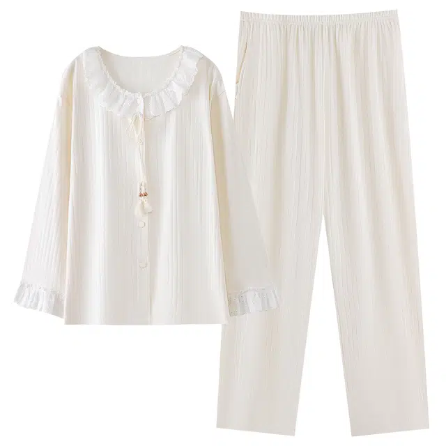 莫代尔 舒适个性休闲简约纯棉圆领开衫气质时尚百搭长袖长裤家居服可外穿睡衣套装 女款