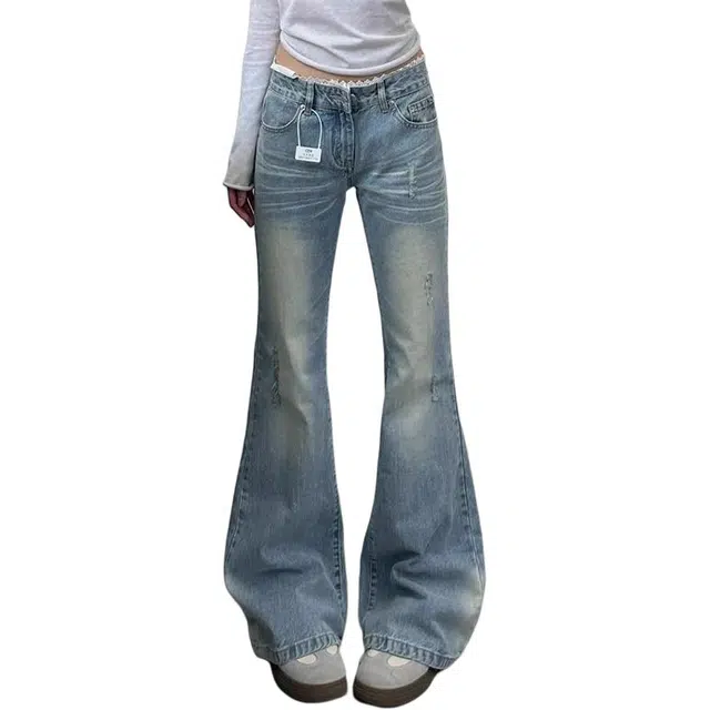 宝米卡 复古浅蓝色蕾丝拼接微喇显瘦直筒马蹄长裤子牛仔裤 男女同款