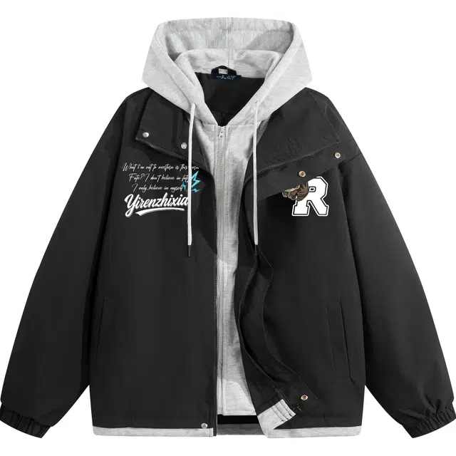 一人之下 复古校园风假两件连帽外套飞行员赛车机车风签名字母趣味国漫图案美式高街落肩休闲百搭通勤出行拉链户外宽松长袖夹克 男女同款