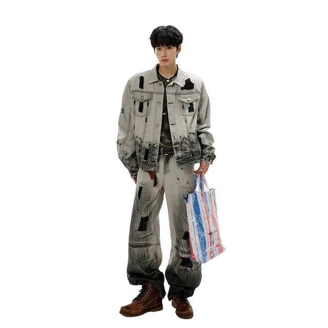 素杭 美式复古渐变重工水洗做旧硬汉牛仔夹克搭配阔腿长裤两件套潮牌穿搭一整套休闲运动套装 男女同款