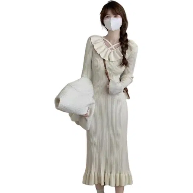 纤丝鸟 法式温柔风荷叶领收腰修身包臀长裙长袖连衣裙 女款